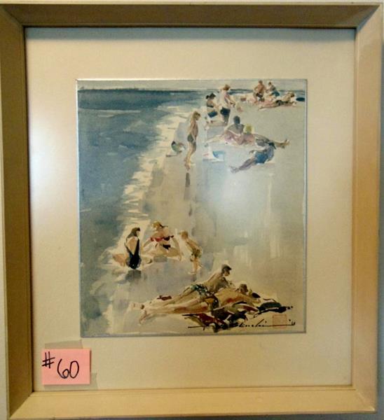Signed Atsushi Kikushi Water Color: Framed Water Color depicting California Beach Goers by Japanese Artist Atsushi Kiushi (1918-2016)- signed in the bottom left corner with Chop Mark and Paper Address Label on the back. It measures 16"T
