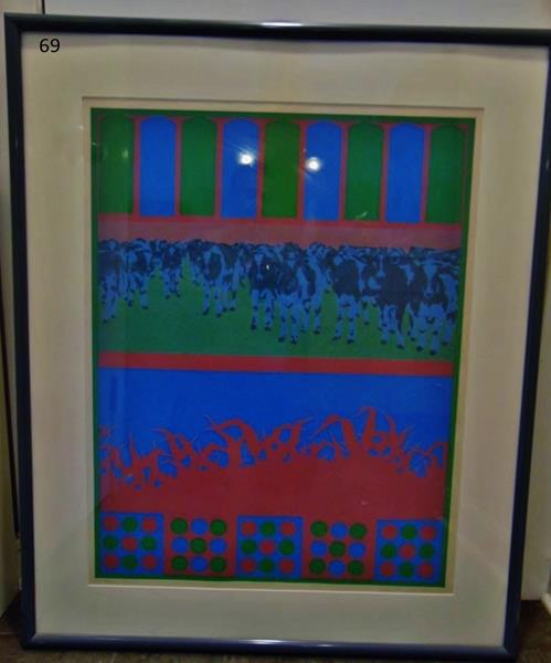Lem R. Lawrens Serigraph: This framed Pop Art Serigraph by Lem R. Lawrens depicting Cow Heard with Geometric Patterns and Stripes is entitled "Forrons" is in an edition of 10 and is Signed in the Lower Right Hand Corner in Pen