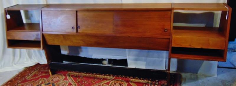 MCM Walnut Bookcase Headboard and Nightstand Ends: This Walnut Headboard is for a Full Size Mattress and comes along with a bedframe and newer Box Spring and Mattress. It measures 93"Lx33"Tx14"D