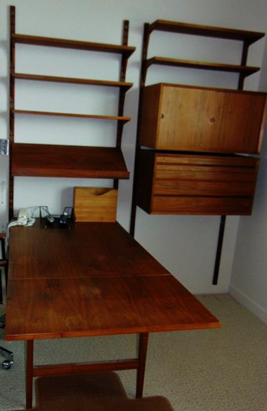 MCM Wall Unit/Desk: Mid Century Modern late '50's/early '60's Walnut Wall Unit with Adjustable Walnut Cabinets and Boomerang Walnut Brackets has a Drop Leaf Desk Section along with 2 Box Sections, assorted shelves and 4 