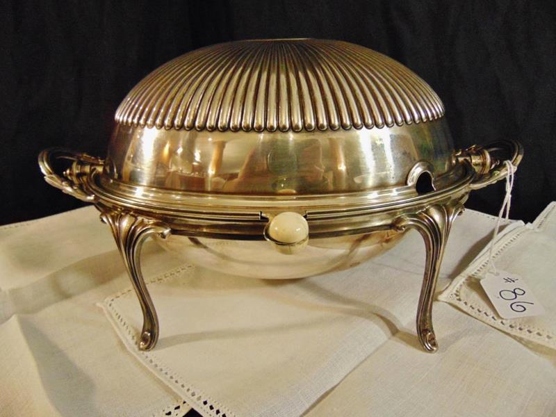 Sweet Meat Server: English Edwardian Sweet Meats Server with retractible cover with Bone Handle Pull back to reveal a reticulated Silver Plate insert. It has a scalloped crown and ecanthused Handles on feet.