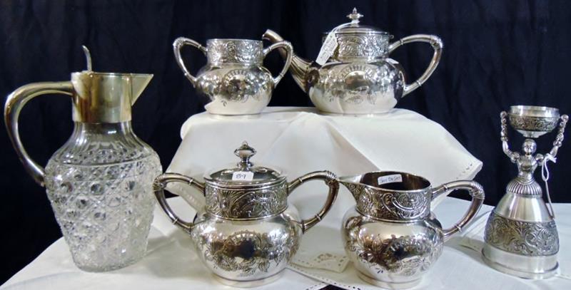 James Tuffts Group: James Tuffts 4 piece Tea Set along with Cross Hatch Lead Crystal and Siver Plate trimmed Ewer and a German Bridal cup. All are in Excellent Condition