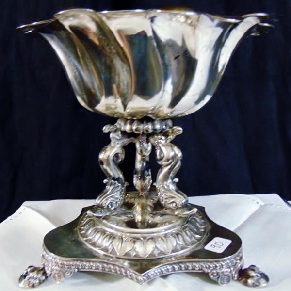 French Sterling Bowl: French Sterling Dolphin trimmed Table Bowl on Clawed Feet. Marked Dubols; possibly Pre Civil War Bowl. 7"Tx7"W. Weighs ~480 gm.