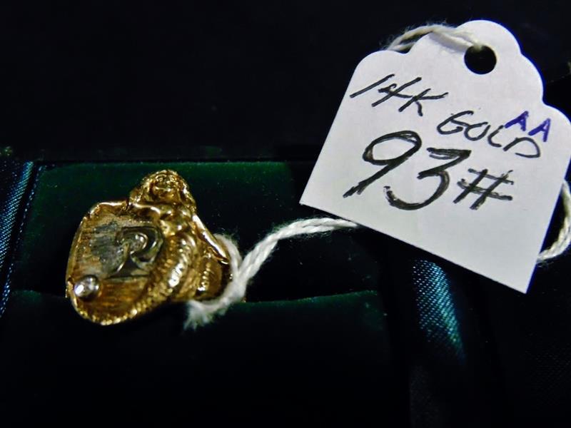 Vintage 14K Yellow Gold Signet Ring with Diamond Chip.: Vintage 14K Yellow Gold Mermaid Signet Ring with Diamond Chip. This is approximately a size 7. It is a Two Tone White ad Yellow Gold Ring that has a Mermaid that Wraps Around the side and Signet initi