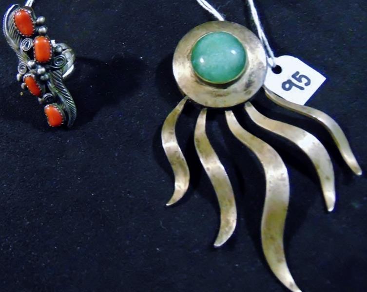 Sterling Pendant/Brooch and Coral Ring: Signed Sterling (signed "Mexico")with Makers Marks and more. This Pendant/Brooch has Moveable parts and resembles a Stylized Comet with a large Green Stone along with large Sterling Ring with 4 Red Co