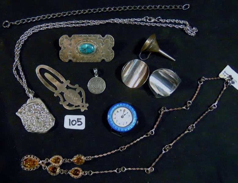 Lot of Sterling Jewelry: Sterling Lot to include Amber and Sterling Necklace with Amber Drop Pendant (measures 16.5"" open), Sterling Perfume Funnel, Sterlling Bookmark, Ralph Lauren Sterling and Turquoise Pin, Sterling Piece