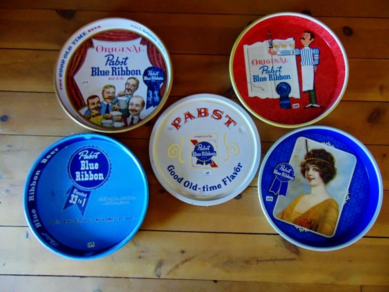 Group of 5 Trays: Pabst Blue Ribbon Good Old-time Flavor from the '70's, Pabst repoop from the '70's, Original Pabst Blue Ribbon from the '70's,Pabst Blue Ribbon with singers; '70's, and a Pabst Blue Ribbon 33 Fine Bre