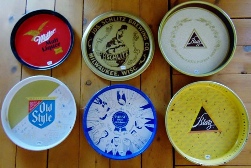 Group of 6 Beer Trays: Jos. Schlitz Brewing Co., Milwaukee, Wisc., Pabst Blue Ribbon Pabst is the name, Make mine the same, Blatz Milwaukee Finest Beer, Heileman's Old Style None Genuine without this Signature Heileman Brew