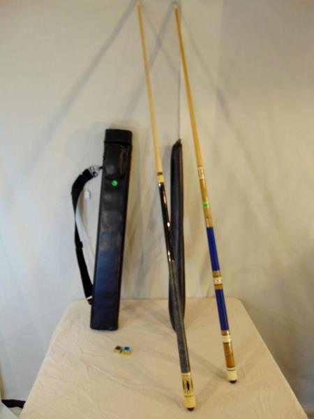 Pool Cue Sticks and cases.: Two cue sticks; a Viking and one other. Both in their own case; one shoulder (Viking) and one hand carry.