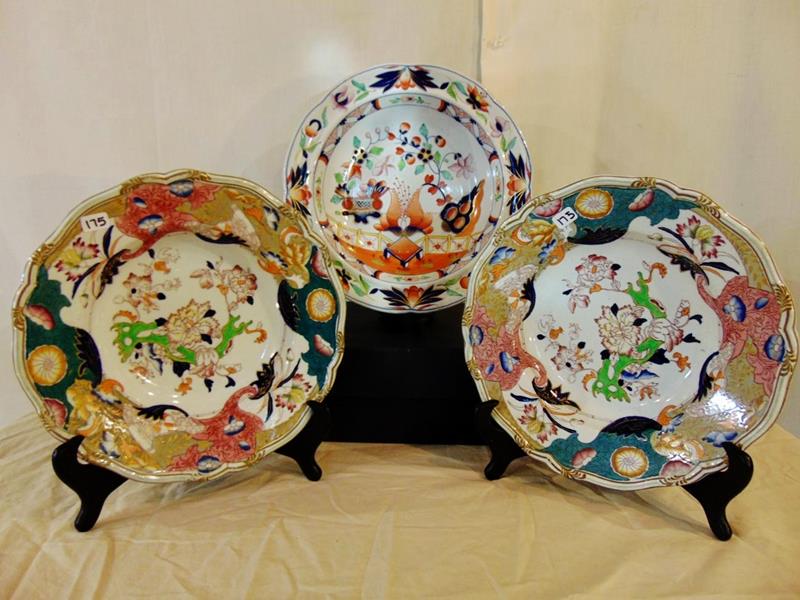IronStone: Heavy guady Ironstone; 2 matching Mason's Patent Ironstone Bowls along with Imiri style early Ironstone Bowl. The two Mason's Patent are in Excellent condition; the other has an age crack. Very rare. 
