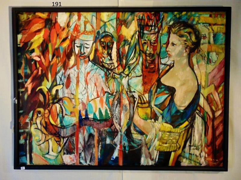 Nikolai Bjelajac: Nikolai Bjelajac framed Oil on Canvas in Surrealist and Cubist Style depicting a King, Queen, and a Maiden holding a Vase, a Horse and Harlyquin. This Colorfull Paining is Signed in the lower Right Co