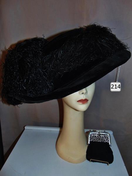 Victorian Hat and Bag: Incredible Victorian Black Velvet and Ostritch Hat and matching Victorian Velvet Bag with Ornate Open Work detailing. This Museum Quality piece of History was made for Marguarite Bradley Webster.