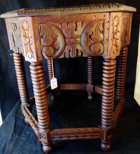 1920's Table: 1920's Hand Carved Teak 6-sided Table in Excellent condition. This table measures 24"Tx22"W.