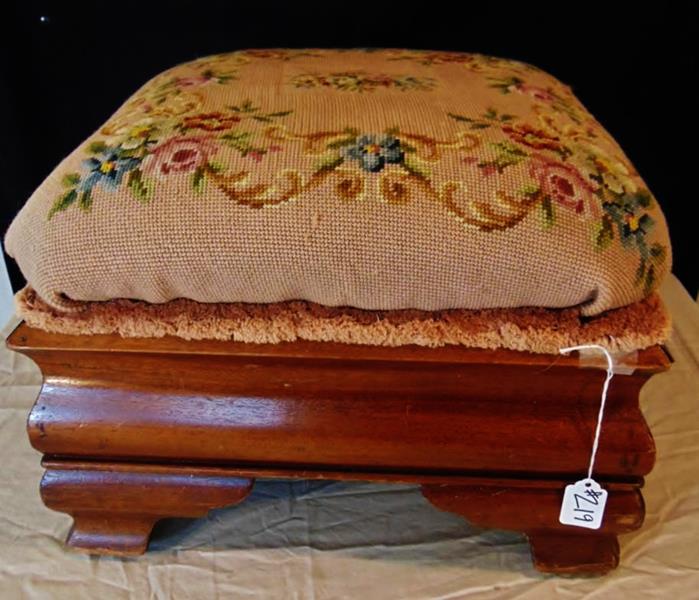 Empire Footstool: Empire Footstool with Floral Needlepoint and Petit Print cover and Mahogany Base and Feet. 12"Tx17"Square.