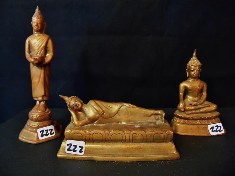 Bronze Buddah Statues: 3 Early Sandcast Bronze Buddah Statues; one standing, one seated, and one reclining; all in excellent condition measuring: standing Buddah is 6.5"T, seated is 4"T, and reclining is 2.5"Tx5"W.