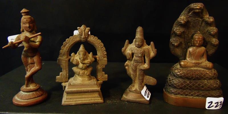 Bronze Statues of gods: 4 Early Sandcast Bronze god Statues to include Siddhartha Buddah, Ganesk the Elephand god, Kartikeya the Peacock god, and Nagas the Cobra deity. Well cast with great Patina and Detailing. Siddhatka is