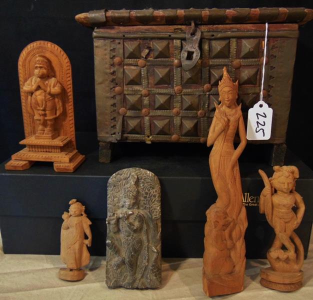 Wooden Deities: Lot of Early Handcarved Wooden deities to include Hamuman the Monkey god, Siddhartha Buddah carved from Soapstone, 3 other deities along with an Early Studded and Iron Clad Wooden Medevil Chest circa 