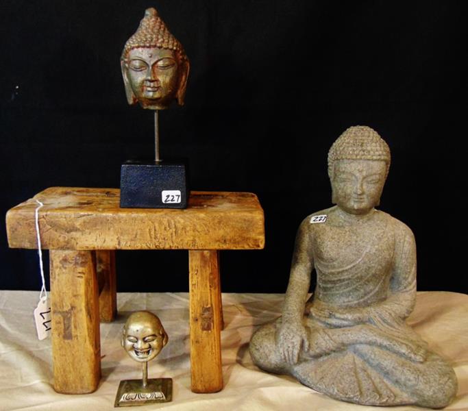 Buddahs: Lot of Buddahs to include Resin Buddah on an Eaarly Dovetailed Chinese Stool, and iron Buddah Head on Plinth, and a Metal Buddah Face on a Stand.