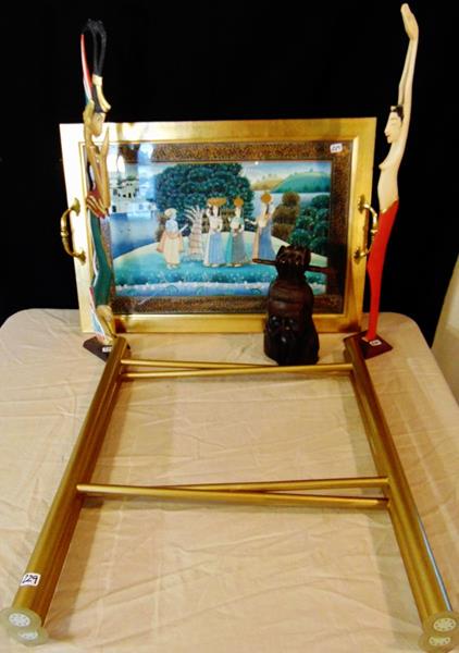 Indian Art and Hand Carved Figurines: This lot is to include and Indian Painting with Bronze trim that is under Glass which is a tray on a stand, a heavy Carved Chinese Caligrapher Bust, and 2 Hand Carved and Painted Wooden Thai deities.