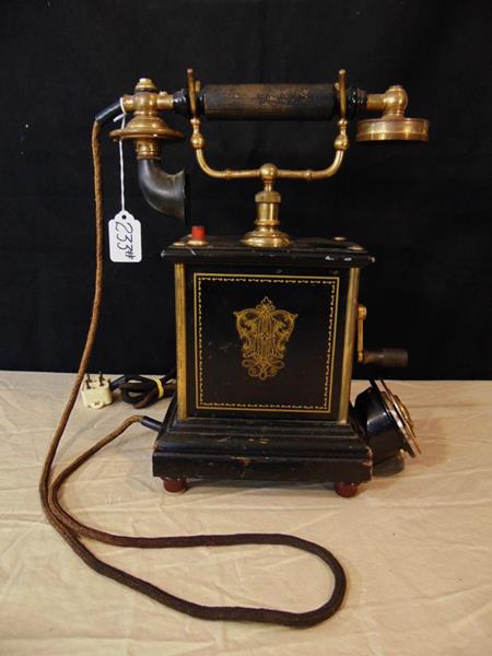 French Crank Phone: Antique French Crank Phone in Great condition. This rare quality phone has it's Original Stenciling and Bakelite Handle and Mouthpiece.