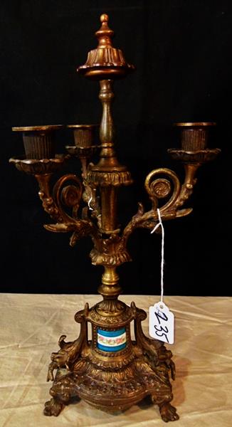 French Bronze Candelabra: A 19th Century 3 Armed French Bronze Clawfoot Candleabra with Sevres Porcelin Insert measuring 15"Tx6"Wx4"D.