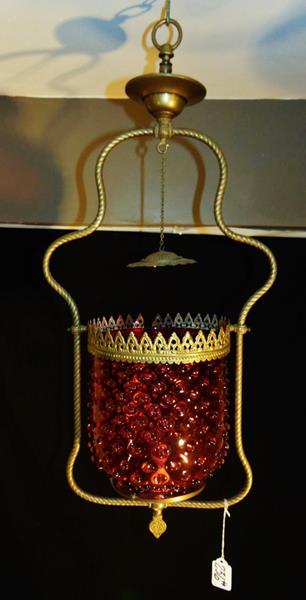 Early Gas Entry Fixture: Early Gas Entry Fixture with an oversize Cranberry Glass, Kosnak Shade in a Brass Barley Twist Frame (electrified) that is in Excellent condition. The overall measurement is 24.5"T; the Cranberry shad