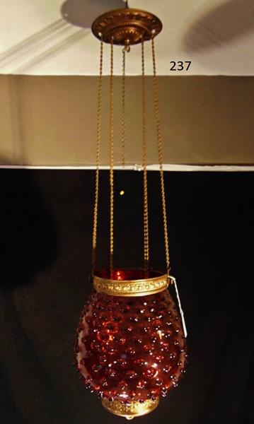 Hobnail Hall Fixture: This is an adjustable deep Cranberry exagerated Hobnail Hall Fixture. The overall measurement is 29.5"T. The shade is 9"T.
