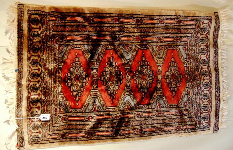 Silk and CottonPrayer Rug: Hand tied Middle eastern Silk and Cotton Prayer Rug in Pink, Burgandy, Black and Grey, and has a wonderful sheen. It is in Excellent condition measuring 41"Lx26"W