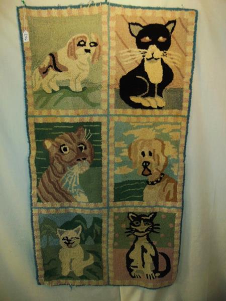 Antique Hand Hooked Folk Art Rug: This Antique Hand Hooked Folk Art Rug depicts Cats and Dogs of large size and measures 55"Tx30"W and is great condition.