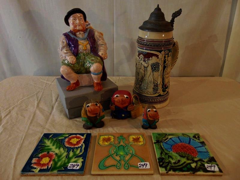 Unique Lot: This lot is to include an Antique Beerstein, English Toby Style Mug of Henry VIII, 3 Hand Carved Norweigen Trolls, and 3 Arts and Crafts style European Tiles.