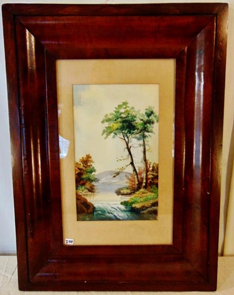 Framed Watercolor: Framed Original unsigned Watercolor depicting a Forrest with a Water Fall in the foreground and a Mountain Lake in the background. This delightful work measures 25"tx18"W.