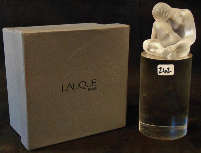 Lalique "Reve" Statuette: Lalique Crystal Statuette of a Nude entitled "Reve" and it's Original Lalique Paris Box style #11928 in excellent condition measuring 2.5"T.