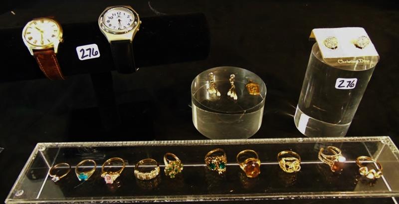 50: Watches, Rings, and Earrings from the late '50's/early '60's. Included is a Bulova Accutron Men's Watch, Christian Dior Pave Clip Ball Earrings 10 Cocktail Rings with Semi-Precious Stones and more!