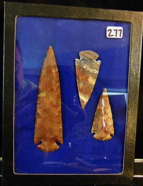Rare Spearhead and 2 Arrowheads: Rare Quartz Native American spearhead along with two Quartz Native American arrowheads. This Museum Quality Real Rare Quartz Spear Crafted with a Sharp Edge and measures 5.25"Lx1.5"W. The two Native A