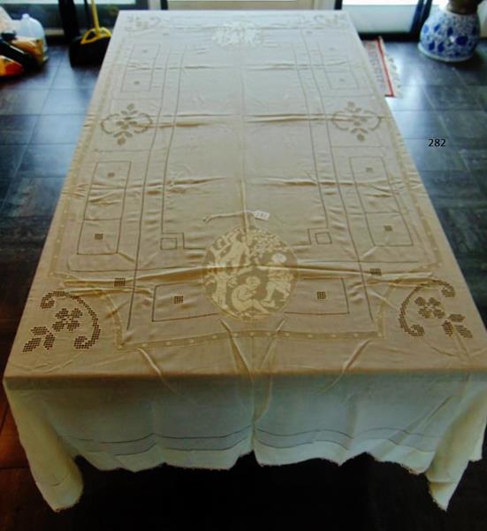 Two 1900's Tablecloths: Two Tatted Embroidered and Lace Trimmed Cutwork Tablecloth with Cherub Inserts are in Excellent condition. These Stunning 1900's Banquet Sie Cutwork, Tatted, and Lace trimmed Tablecloth measures 108"L