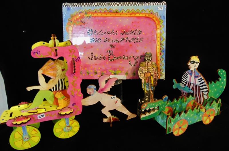 Judie Bomberger Original Pop Art: Original Pop Art Judie Bomberger Wood Sculptures to include an unopened and unassembled "Rat Car" in it's original packaging, an Alligator Car Sculpture with a Masked Burglar Driving, a Wood St. Peppe