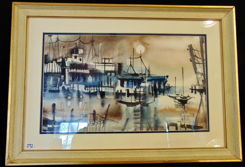 MCM Doris White Watercolor: Mid Century Modern Framed Water Color by Listed Artist Doris White entitled "Misty Harbor". This Moody Night Scene of a Harbour, Boats, and Piers under a Full Moon measures 16.25"Tx23"W.