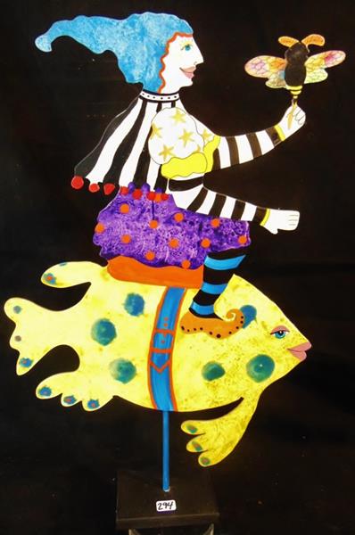 Judie Bomberger Pop Art Sculpture: Pop Art Metal Freestanding Sculpture by Artist Judie Bomberger, Hand Painted and Signed on Reverse Side and titled "Bee Keeper" 1998. This whimsicle Folk/Pop Art Metal Sculpture is Hand Painted in Bri