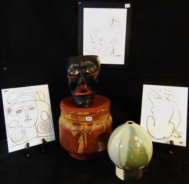 MCM Lot: Lot of Mid Century Modern Pottery, Picasso & Matisse Lucite Panels; 9"Tx5"W, Scandanavian Ball Vase; 5"T, Carved and Hand Painted very old Mask; 6"tx5"Wx3"D, and Lidded Hand thrown Jar; 8"T.