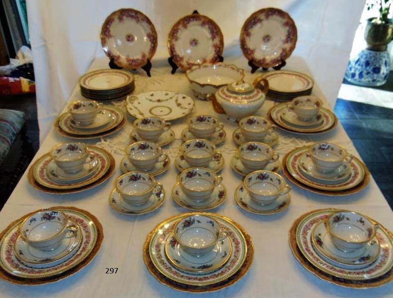 Lot of Fine China: Mixed Lot of Fine China to include 10 German Malmaison, 10" Dinner Plates, 18 GDA Limoges 8.5" Luncheon Plates and matching Teapot, Pierced Limoge Handled Cookie Server, Theodore Haviland Limoges Cent