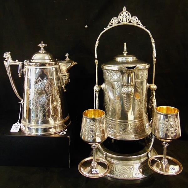 Victorian Silver Plate Hot Water Kettle: Fancy Victorian Silver Plate Hot water Kettle on Stand with Double Cups. Extemely Elaborate Accent Piece and Functional along with a Fancy Victorian Ice Water Pitcher.