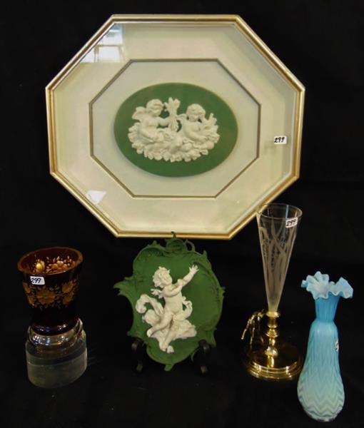 Victorian German Lot: Victorian German Bisque Wall Plaque of Two Winged Cupids elaborately appointe Octagon Shadow Box Frame along with a German Baroque Winged Cupid Wall Plaque, a Quilted Blue Satin Glass Ruffled Edge Bud