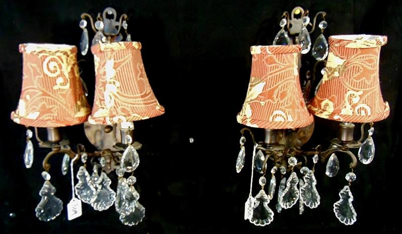 Wall Scones: Pair of Wright Iron and Lead Crystal Electrified Double Candle Wall Scones with Silk Shades. These Gothic Electrified Crystal Wall Scones measure 17"Tx10"W.