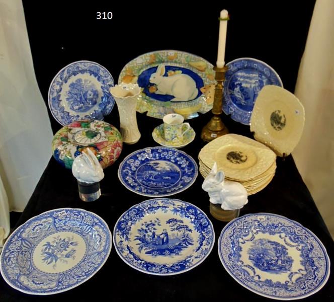 Quality China: Large Lot of Quality China to include Spode Blue and White Plates, Lenox Vase, Hand painted Bunny Platter, 11 Royal Children England Transferware Square Luncheon Plates, Staffordshine, and more!