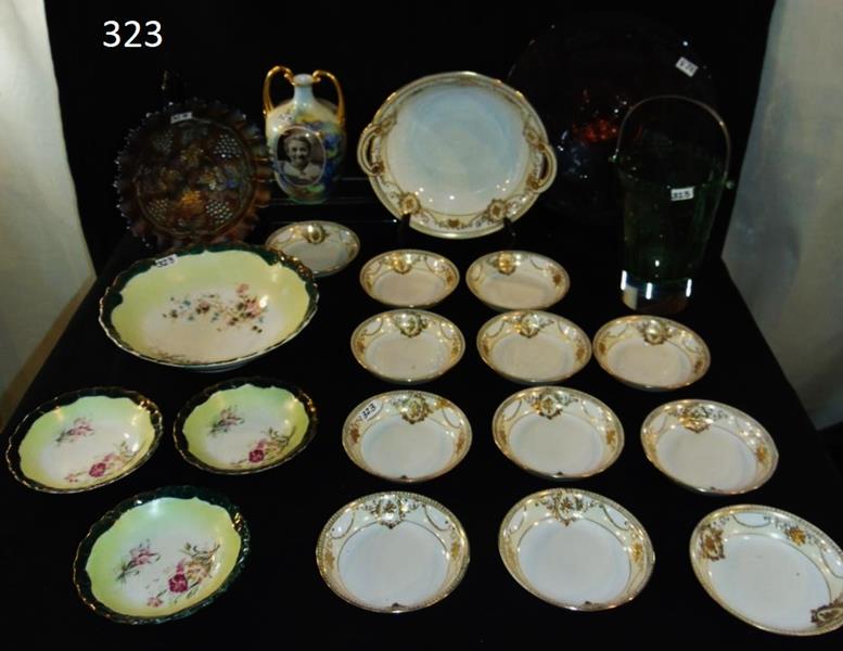 Glassware: Lot of Glassware to include Amythest Grape and Cable Ruffled Bowl, Double Handled Austrian Vase depicting a Young Beauty, Gold Beaded 12 Piece Noritake Berry Bowl Set with Pierced Handled Serving Bowl