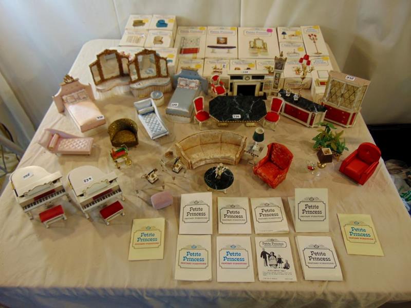 Petitie Princess Furniture: Petite Princess Fantasy Doll Furniture. This is a large lot to include Pink Chaise, Pink Bed, Pink Vanity and Blue Vanity with Stool, Blue Bed (damage to crown and missing a button tuft), Blue Chaise,