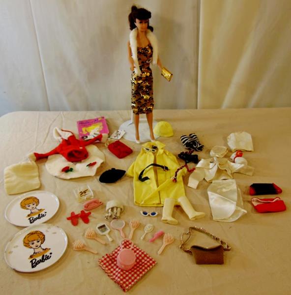 Very Early Barbie by Mattel: Very Early Barbie Doll with brunette ponytail by Mattel in very Good condition along with Cocktail Outfit, extensive Rain outfit including a raincoat, umbrella, rain boots and hat, winter outfit, orig
