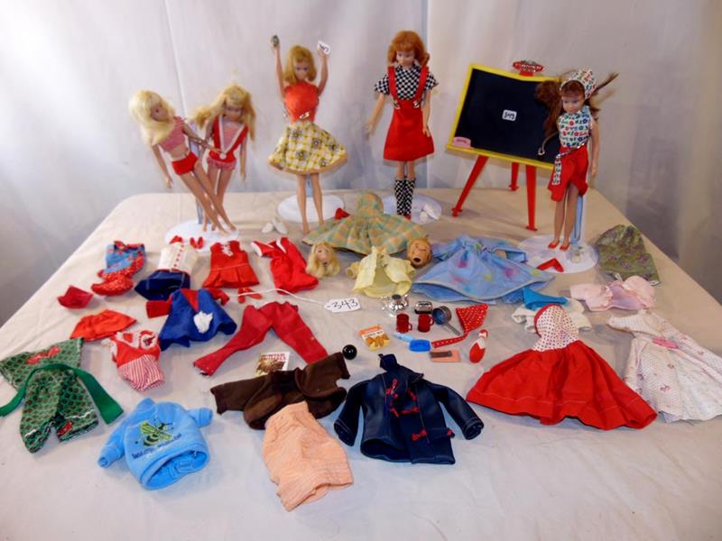 Mattel Barbie Series: Early '60's Mattel Dolls of the Barbie Series to include two 1963 Midge Dolls and three (3) Sipper Dolls, shoes, outfits, and accessories to include dresses, pants, rompers, coats, mini's and mod outf