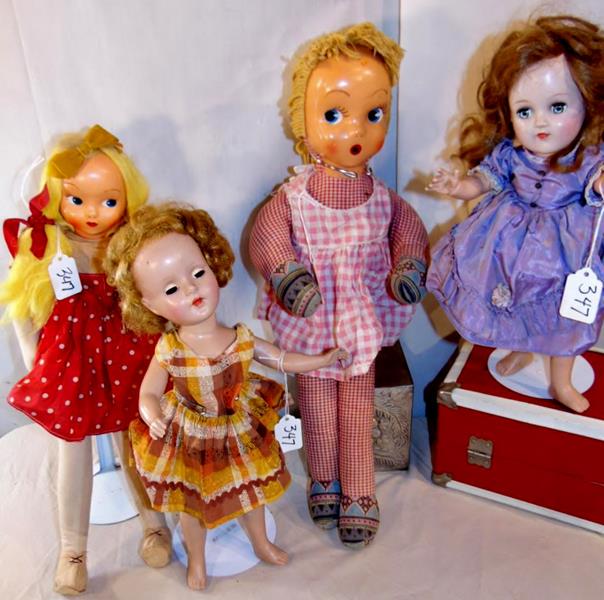 4 Vintage Dolls: 4 Vintage Dolls to include 2 Sleepy Eye Jointed Dolls with Original Dresses, and 2 Soft Body Dolls (one jointed) with Hand Painted Composit Faces. Sleepy Eye Doll in Purple Dress is a 1950's Edeal Dol