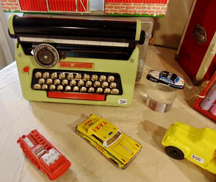 Tin Lithograph Toys: Lot of Metal Toys to include Tin Lithograhed Barn, Tin Lithographed Barn Lunch Box, Tin Lithographed Taxi Cab, Tin Lithographed Police Car, Metal Doll Trunk and more!